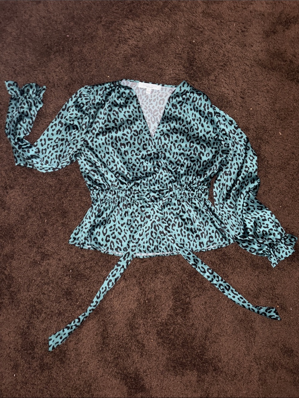 Sweet Rain Teal Leopard Print Wrap Blouse